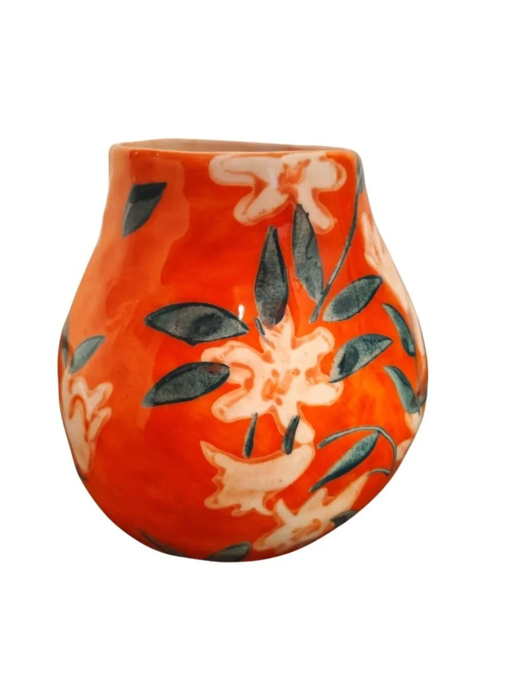 Anthropologie Leah Reena Goren Orange Floral White Flower Ceramic Decor Vase